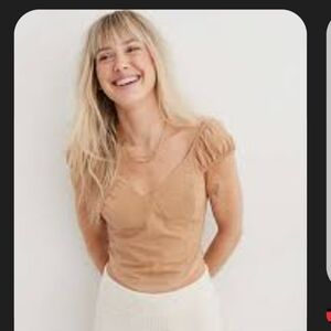 Aerie Smocked Corset Tan Cropped Tank Top Size XXL Coquette Coastal Cowgirl